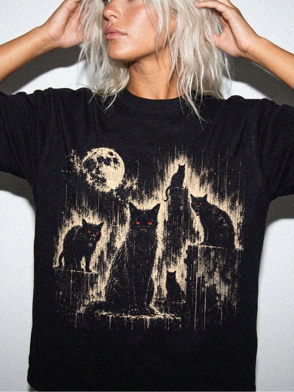 Horror Black Cat Full Moon Vintage Grunge Witchy Graphic Comfort colors Tee